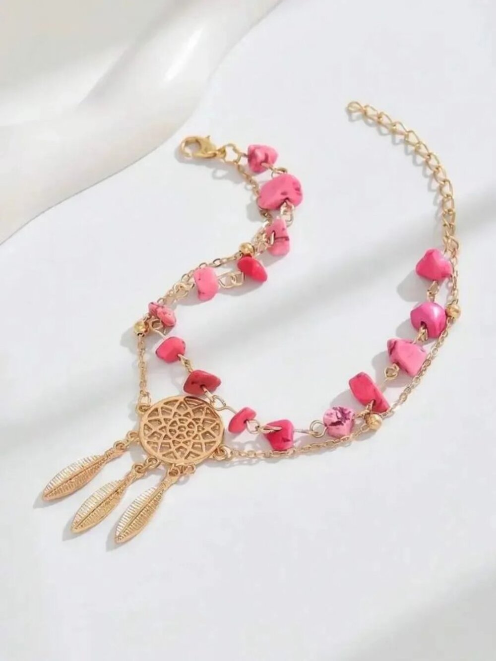 Pink beaded anklet R676 - Picture 2 of 3
